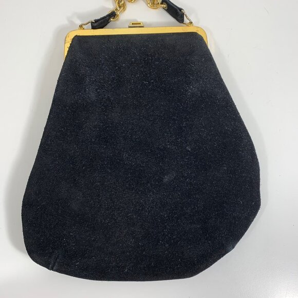 VTG JUMBO Coin Purse: Black Suede Saddle Shoulder Bag Gold Chain Handle & Frame - Picture 4 of 10
